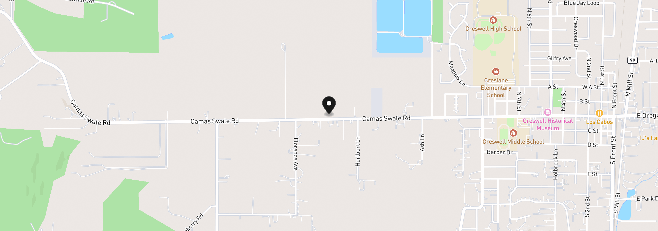 Map showing the location of 33025 Camas Swale Rd, Creswell, OR 97426