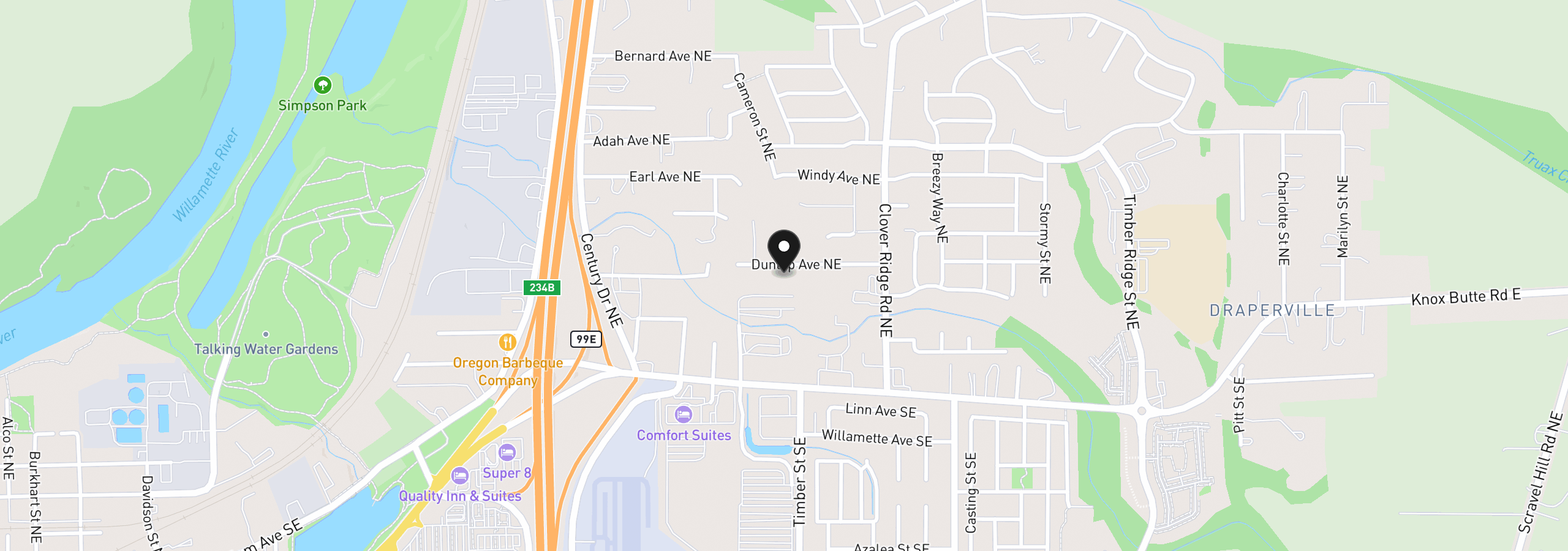 Map showing the location of 3800 Dunlap Ave NE, Albany, OR 97322