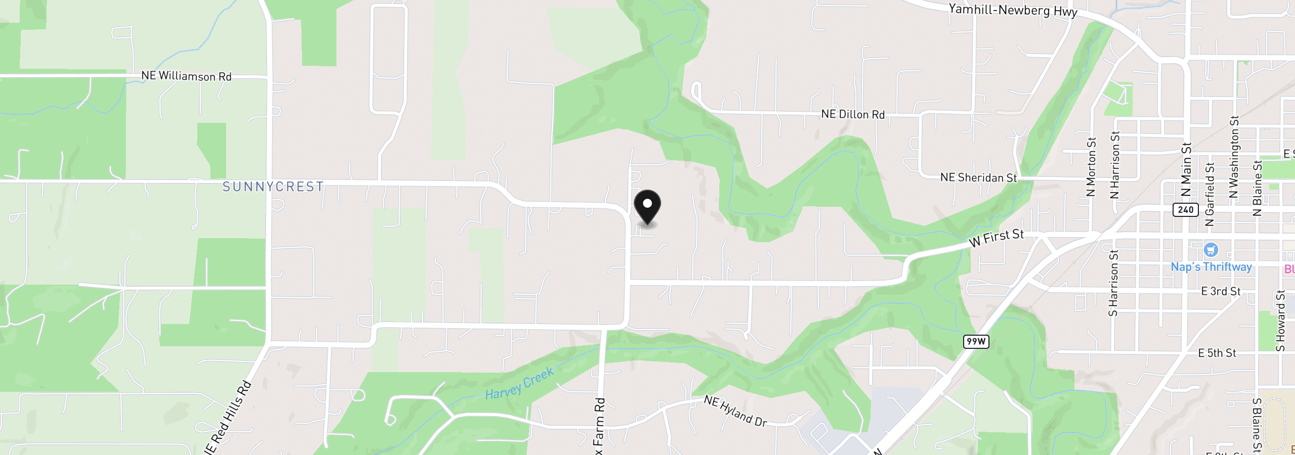 Map showing the location of 22915 NE Sunnycrest Rd, Newberg, OR 97132
