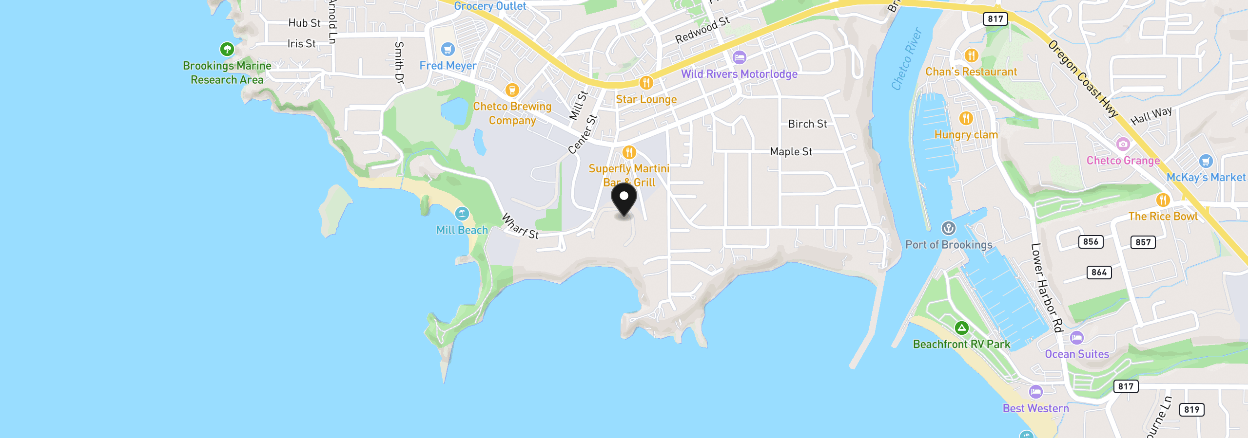 Map showing the location of 210 Schooner Bay Dr, Brookings, OR 97415