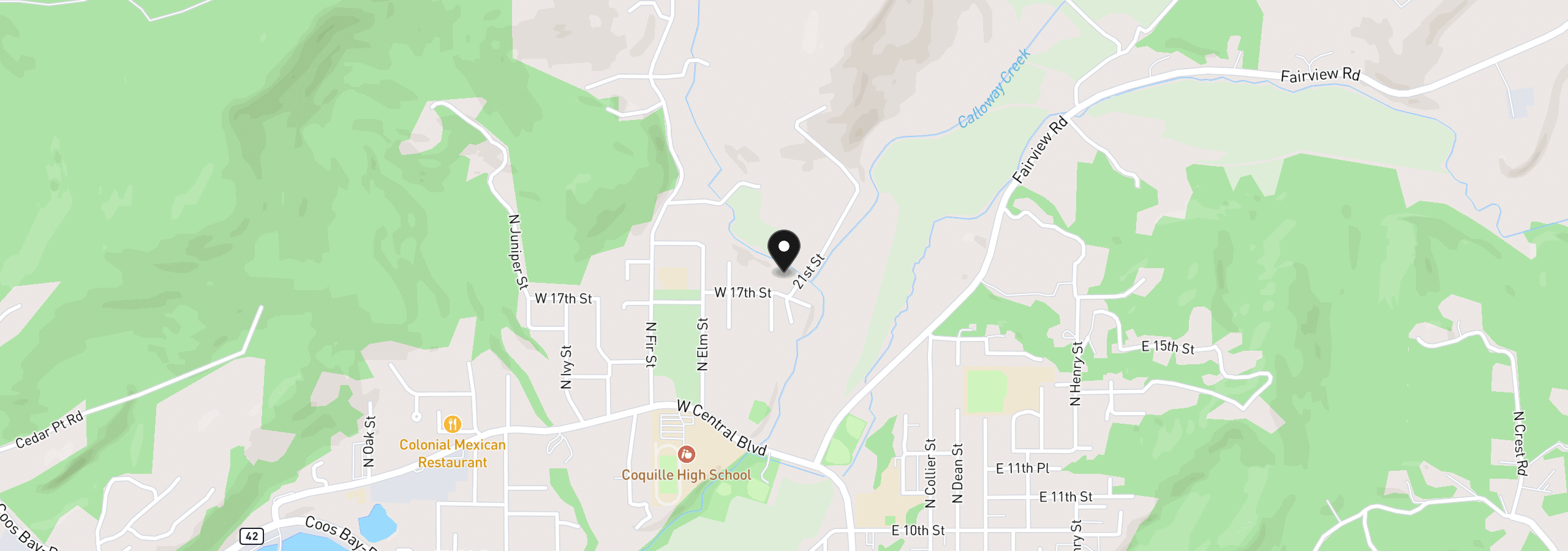 Map showing the location of 100 W 17th St, Coquille, OR 97423