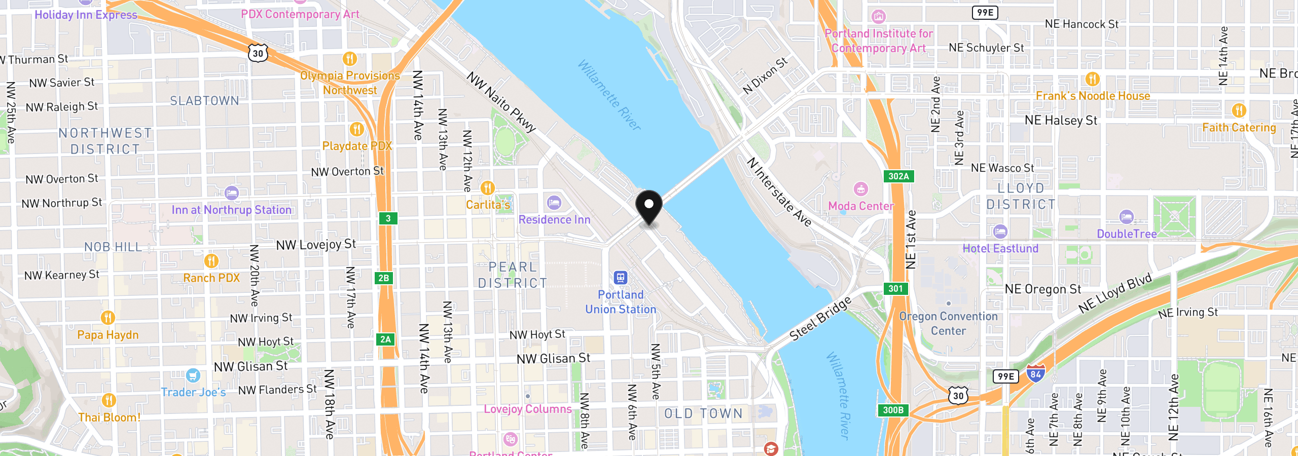 Map showing the location of 1010 NW Naito Pkwy M19, Portland, OR 97209