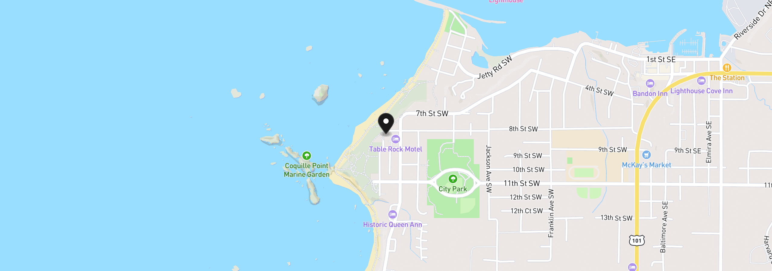 Map showing the location of 1495 8th St, Bandon, OR 97411