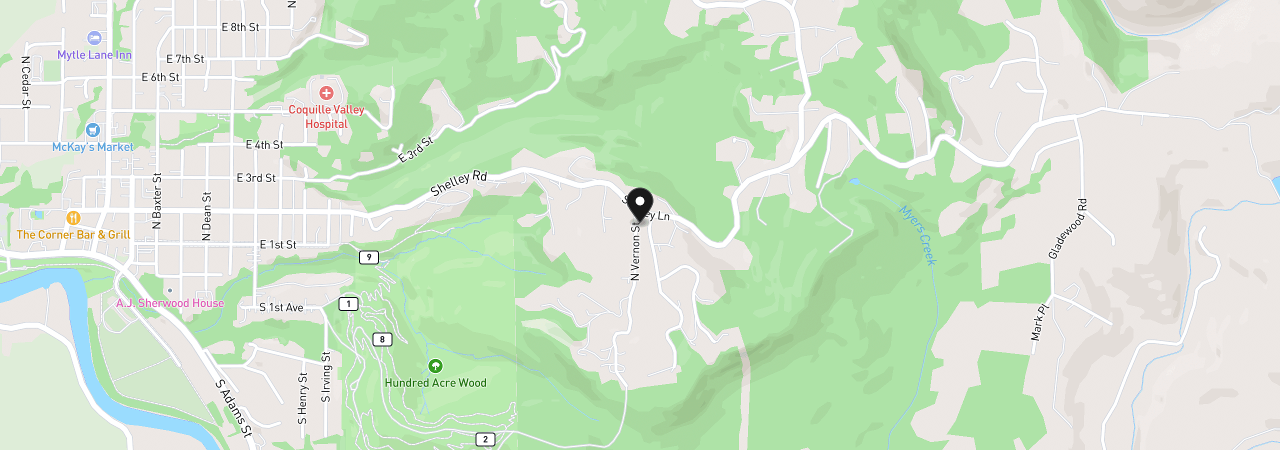 Map showing the location of 190 N Vernon St, Coquille, OR 97423