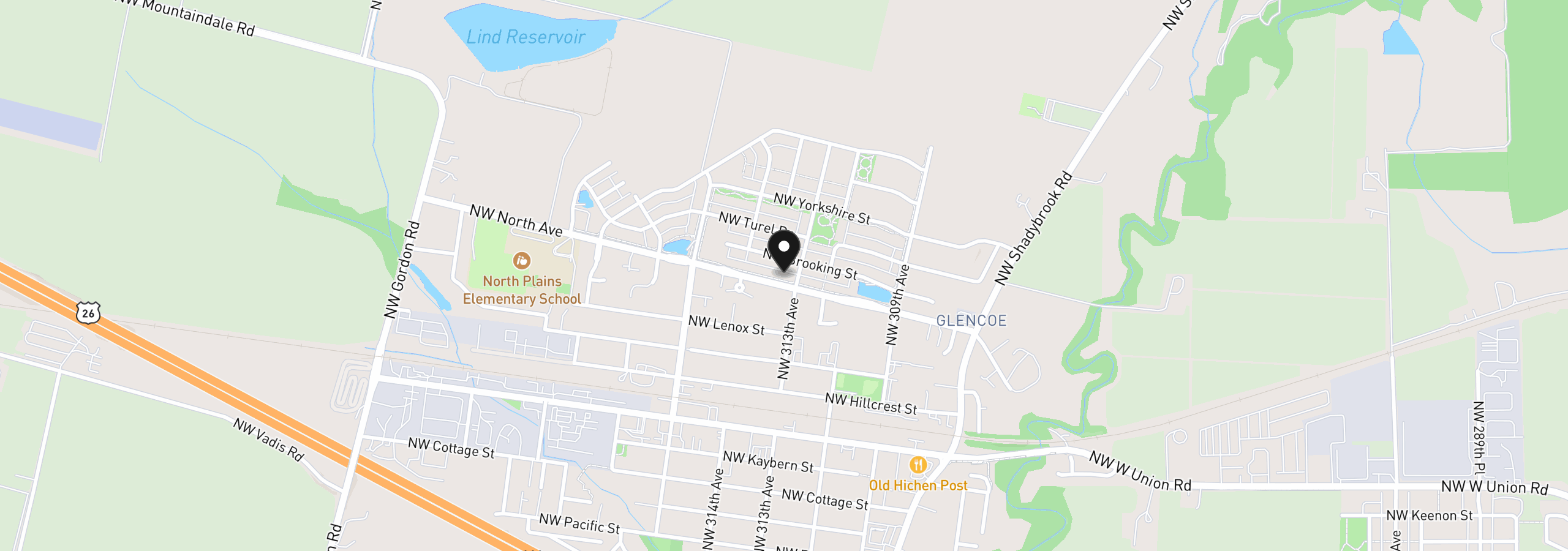 Map showing the location of 31343 NW North Ave, North Plains, OR 97133