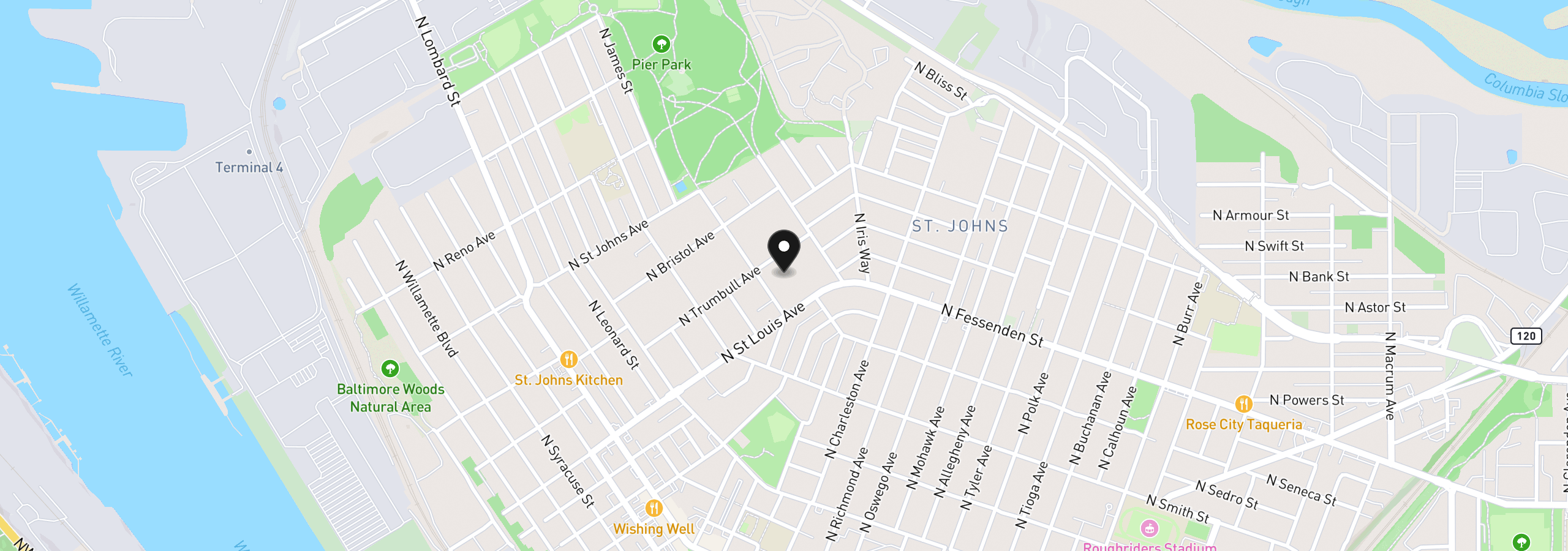 Map showing the location of 9221 N Seneca St, Portland, OR 97203