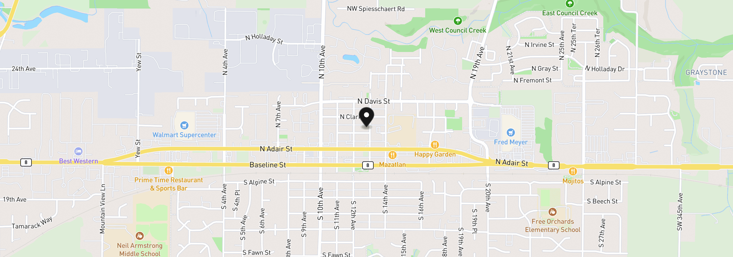 Map showing the location of 223 N 13th Ave, Cornelius, OR 97113
