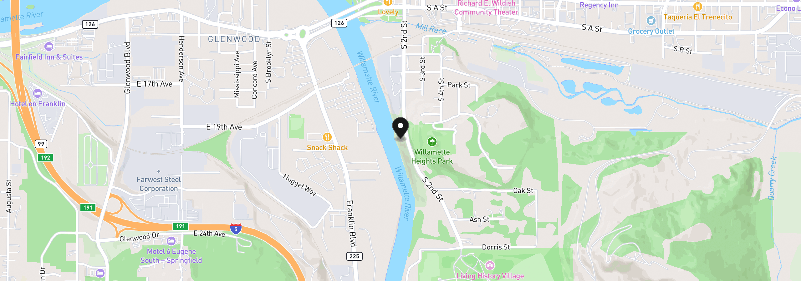 Map showing the location of 2nd St, Springfield, OR 97477
