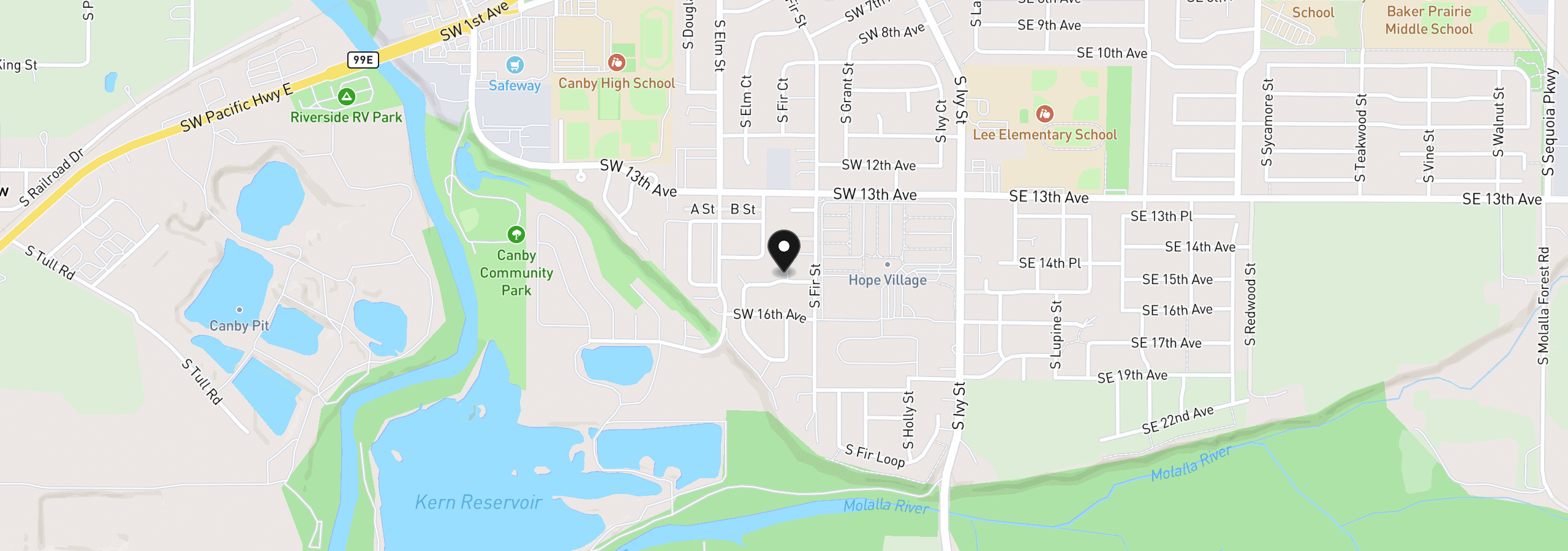 Map showing the location of 454 SW 15th St, Canby, OR 97013
