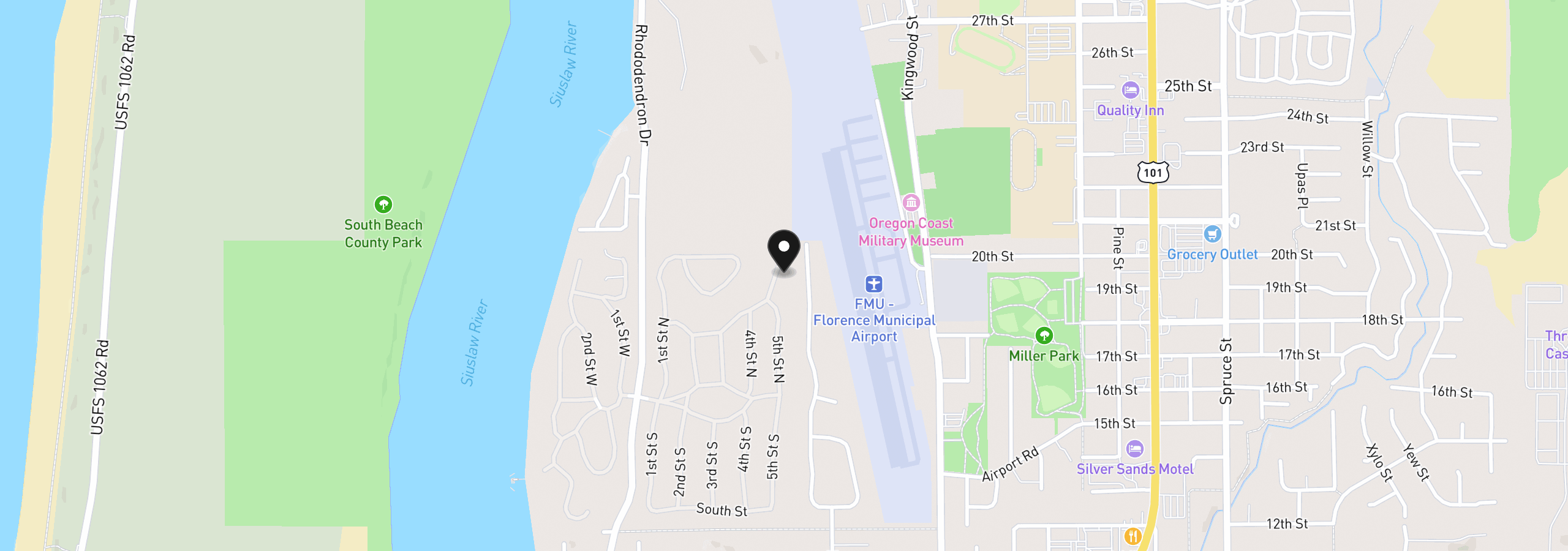 Map showing the location of 1600 Rhododendron Dr 196, Florence, OR 97439