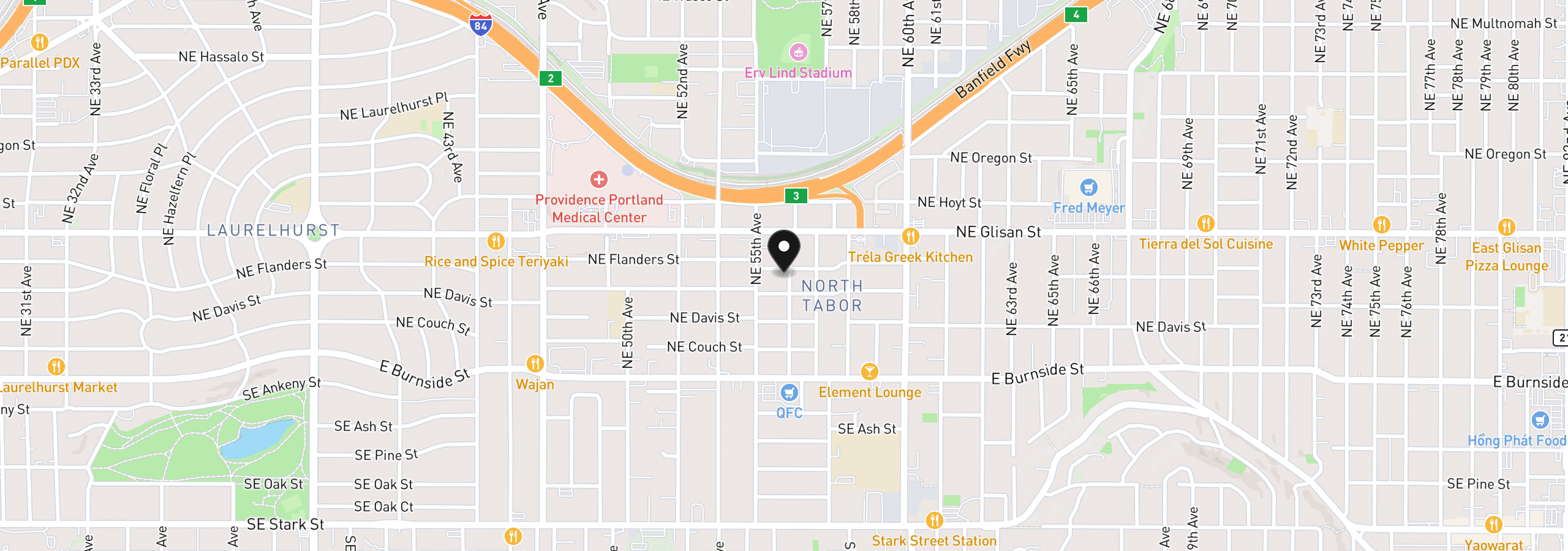 Map showing the location of 5542 NE Flanders St, Portland, OR 97213