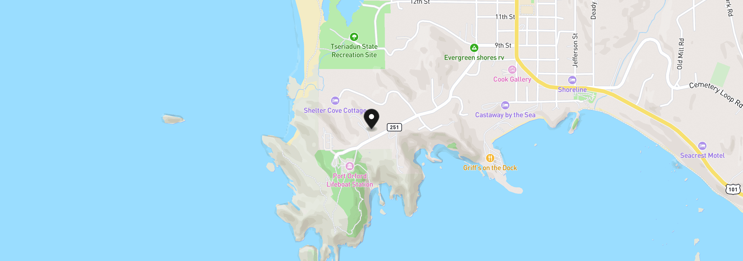 Map showing the location of 253 Coast Guard Hill Rd, Port Orford, OR 97465