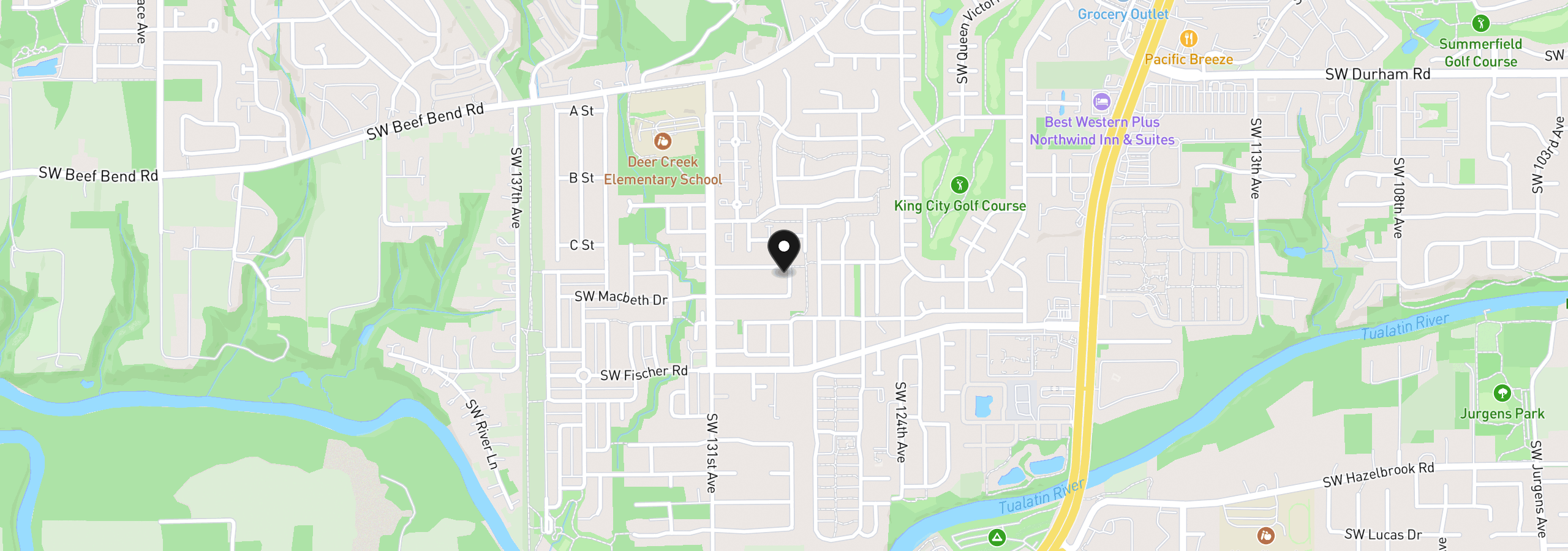 Map showing the location of 16677 SW Jordan Way, Tigard, OR 97224