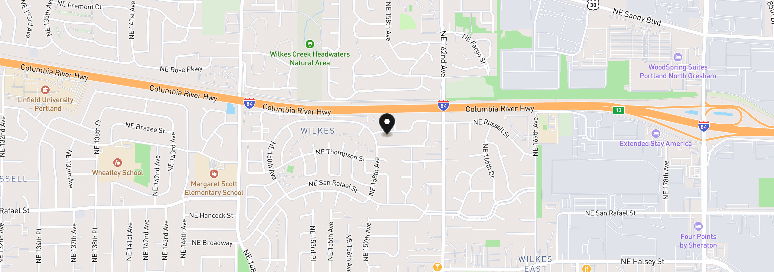 Map showing the location of 15804 NE Russell St, Portland, OR 97230