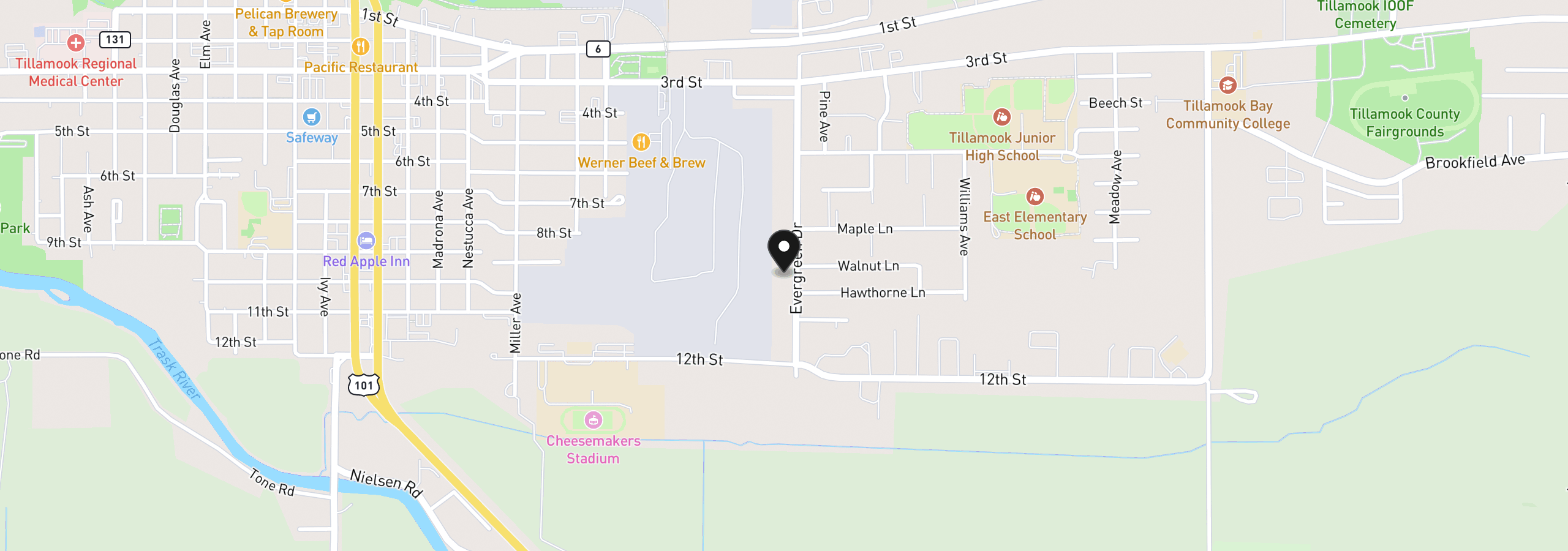 Map showing the location of 804 Evergreen Dr, Tillamook, OR 97141
