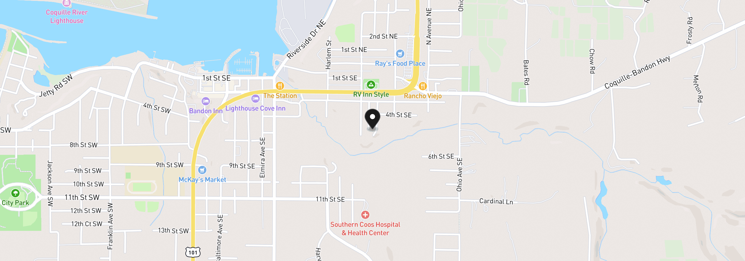 Map showing the location of Klamath Ave SE, Bandon, OR 97411