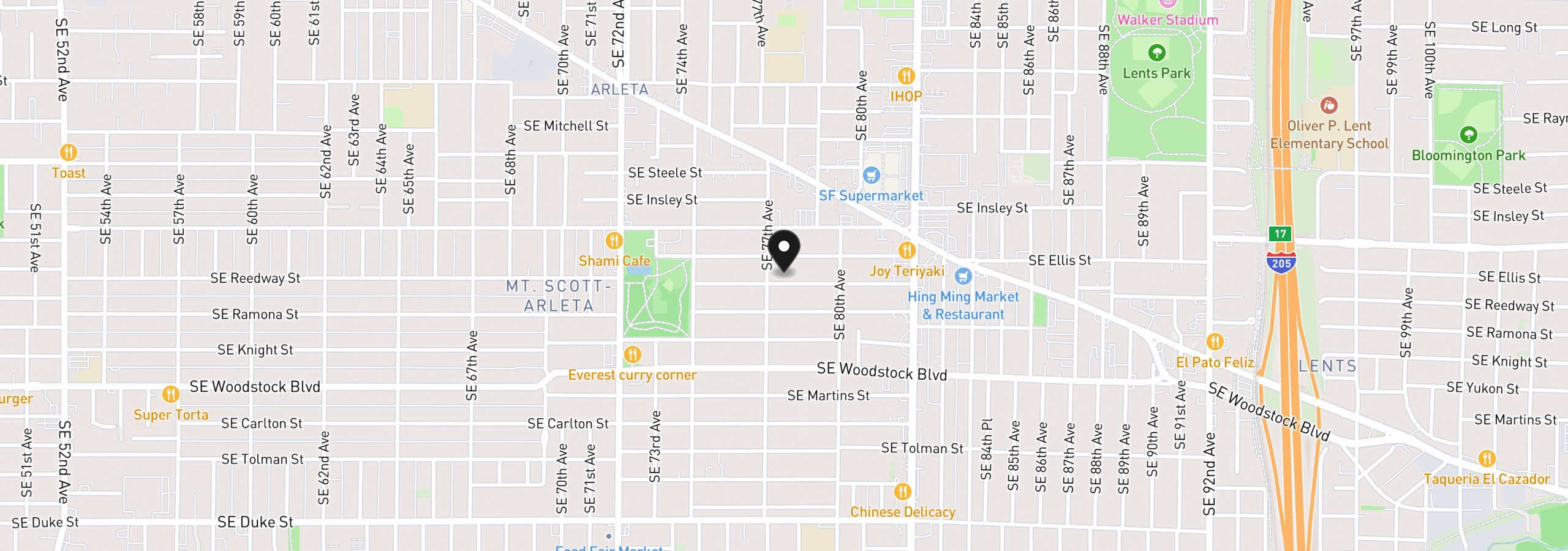 Map showing the location of 7723 SE Reedway St, Portland, OR 97206