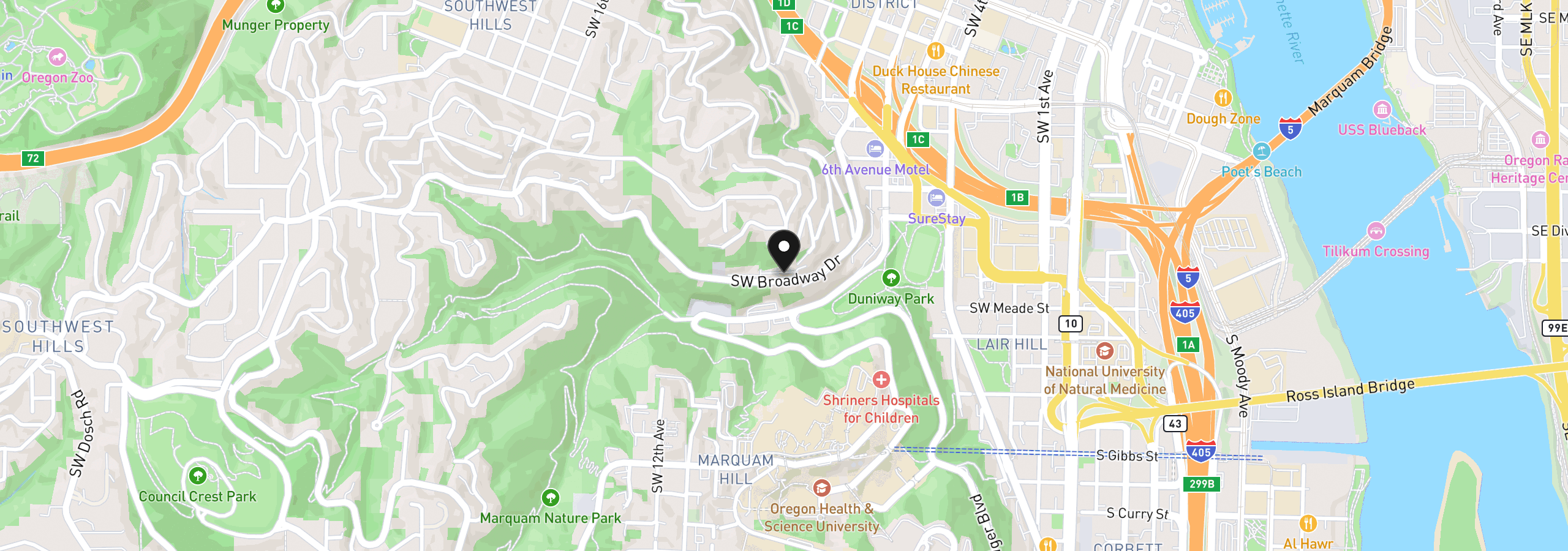 Map showing the location of 851 SW Broadway Dr 52, Portland, OR 97201