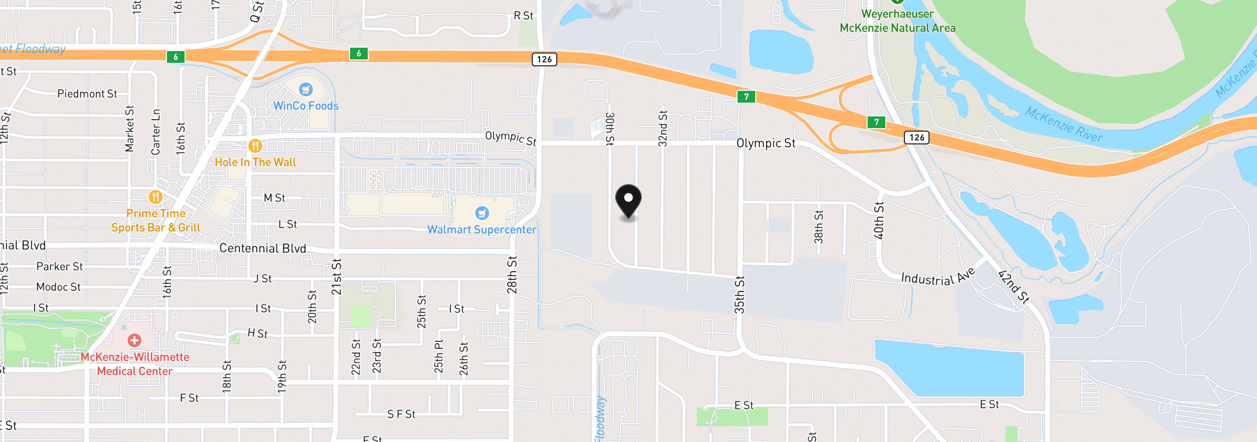 Map showing the location of 1253 30th St, Springfield, OR 97478