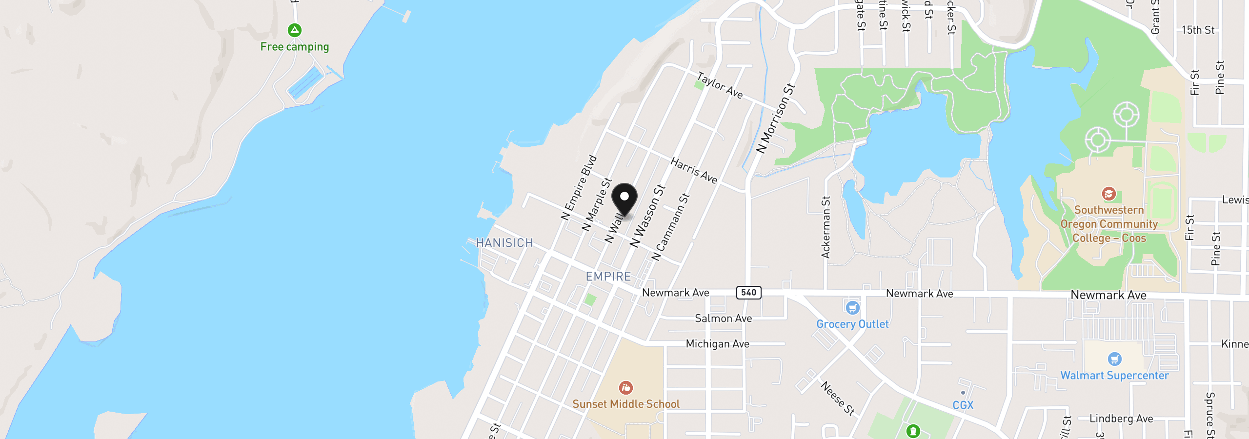 Map showing the location of 235 N Wall St, Coos Bay, OR 97420