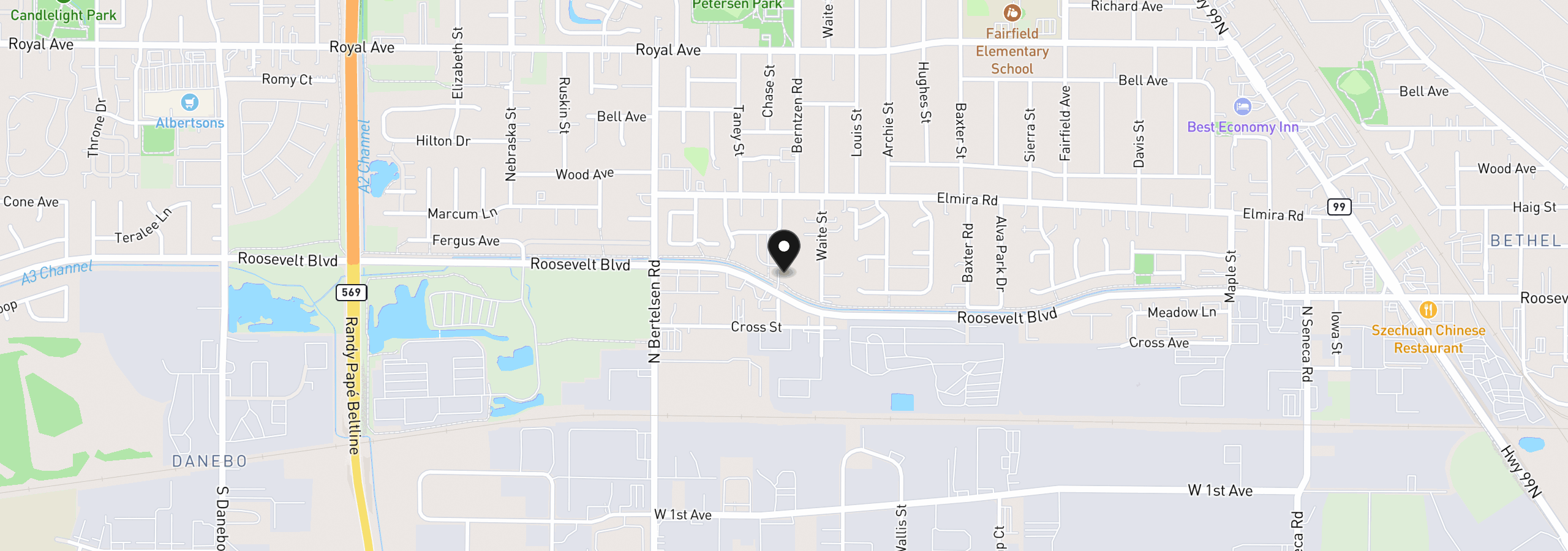 Map showing the location of 3849 Roosevelt Blvd, Eugene, OR 97402