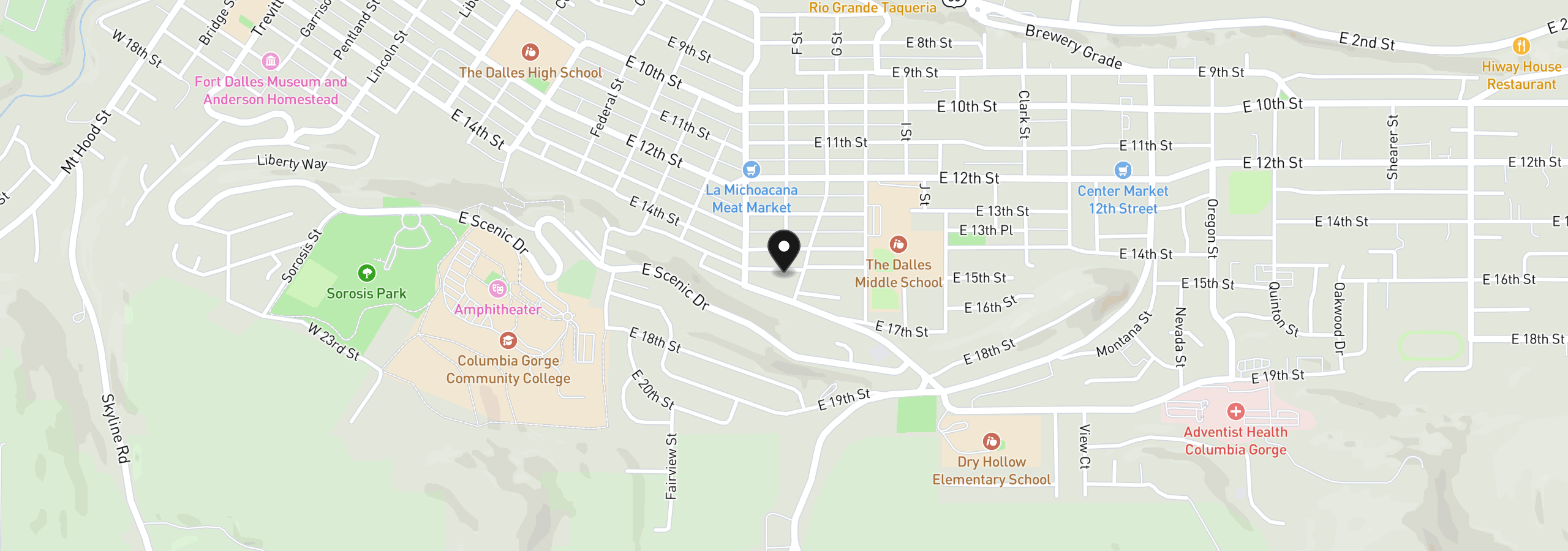 Map showing the location of 826 E 15th St, The Dalles, OR 97058