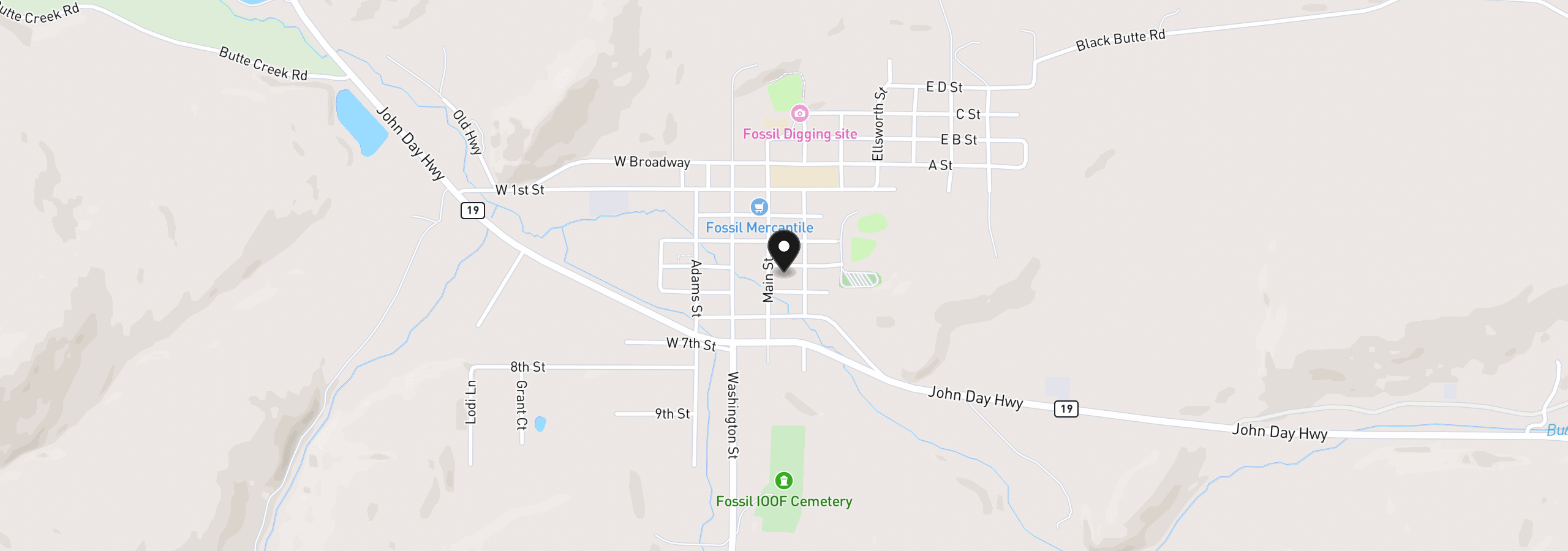 Map showing the location of 808 Main St, Fossil, OR 97830