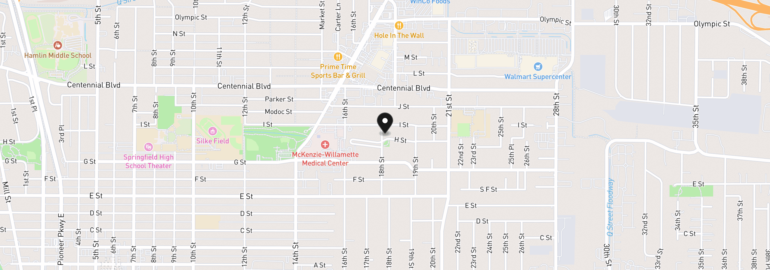 Map showing the location of 929 18th St, Springfield, OR 97477