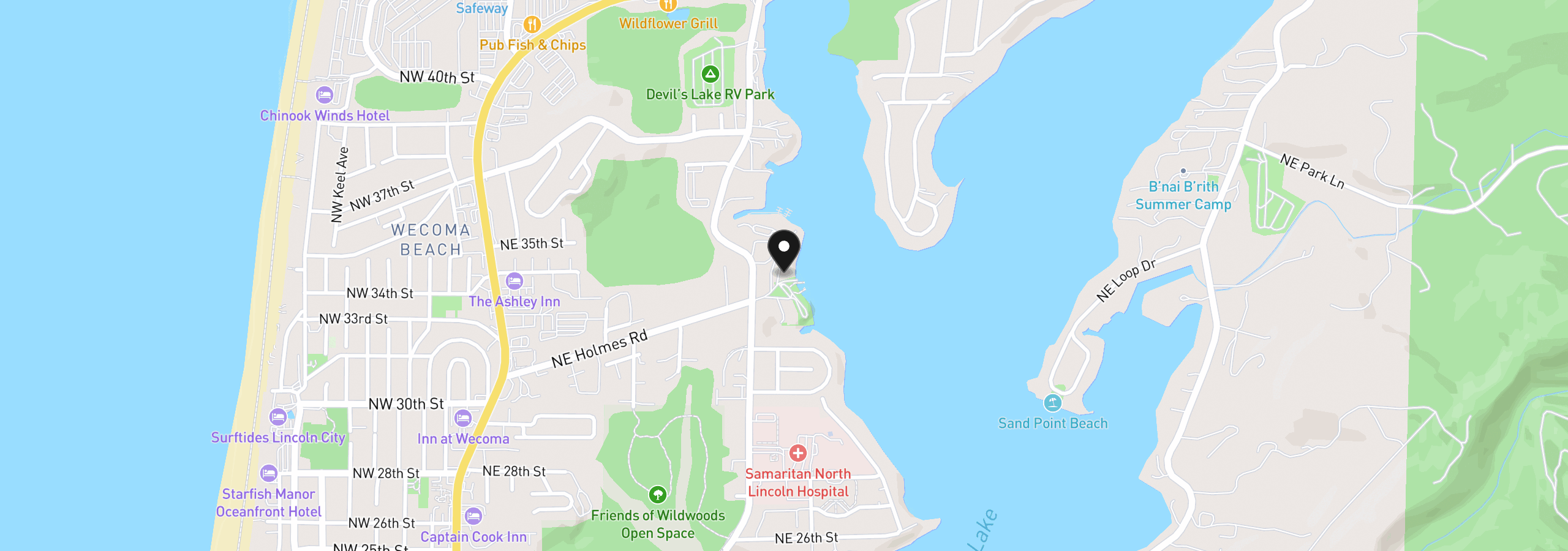 Map showing the location of 3401 NE Yacht Ave, Lincoln City, OR 97367