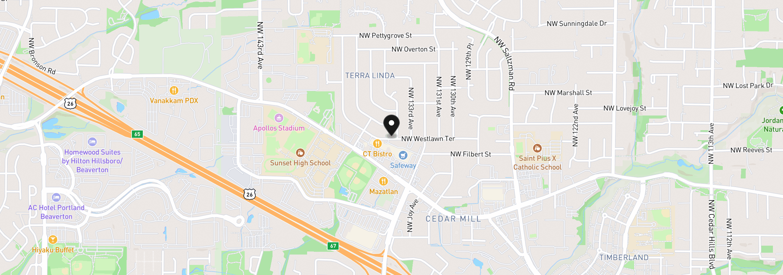 Map showing the location of 13345 NW Westlawn Ter, Portland, OR 97229