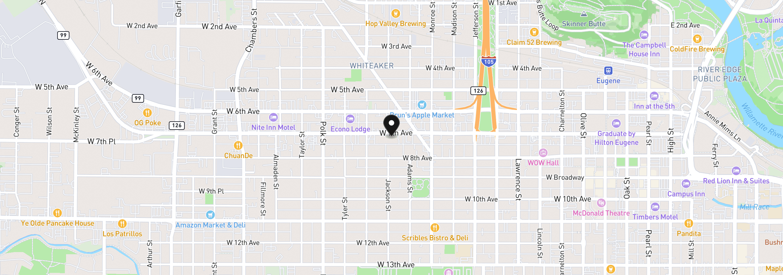 Map showing the location of 990 W 7th Ave, Eugene, OR 97402