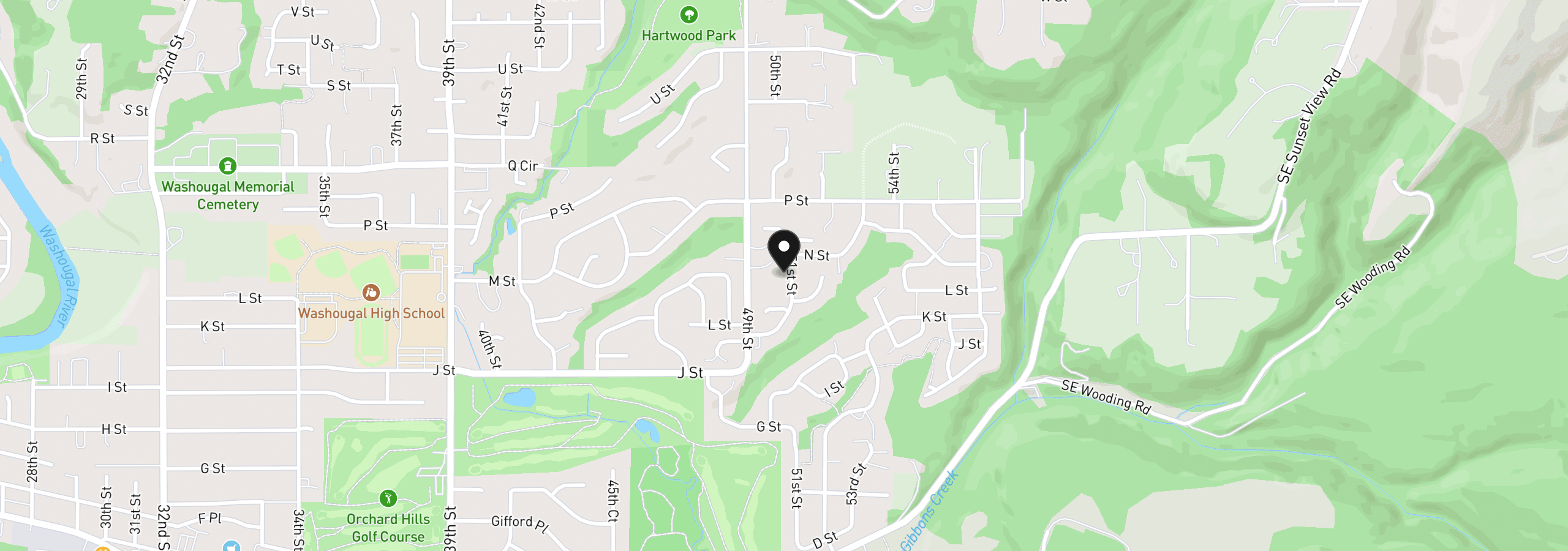 Map showing the location of 1343 51st St, Washougal, Wa 98671