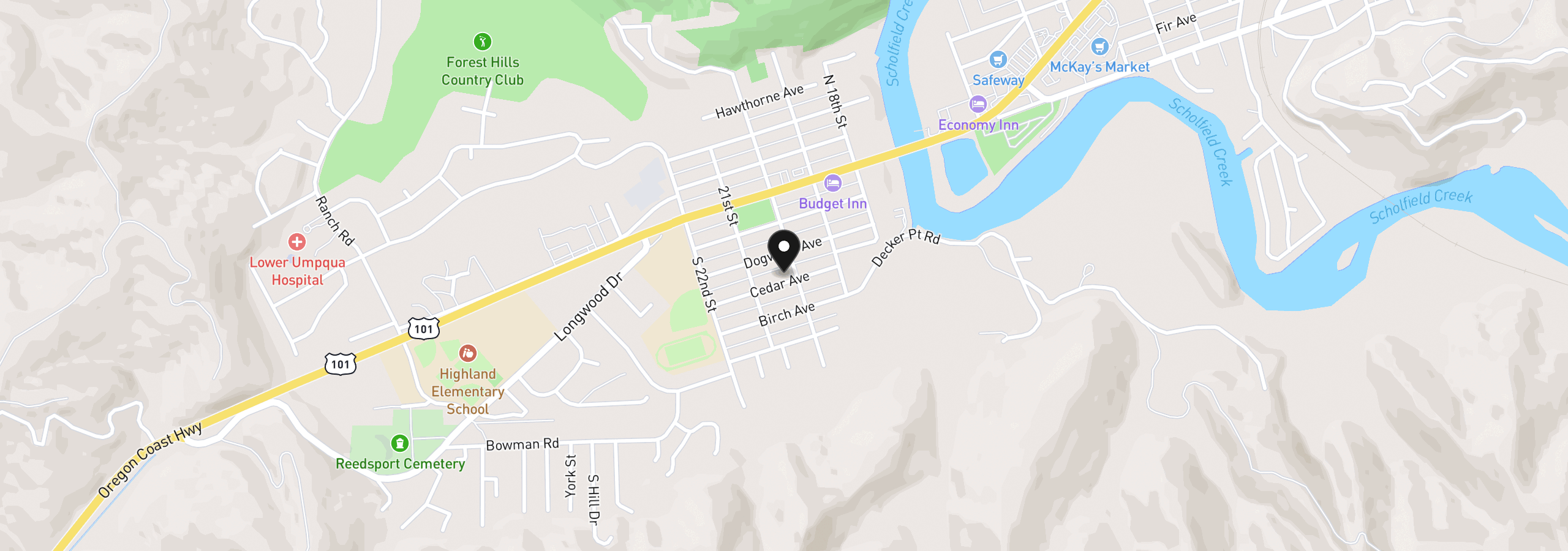 Map showing the location of 2021 Cedar Ave, Reedsport, OR 97467