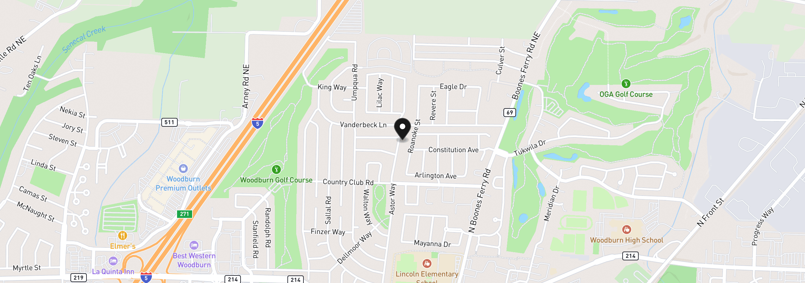 Map showing the location of 1590 Astor Way, Woodburn, OR 97071
