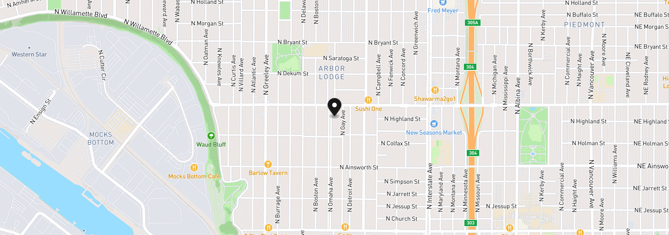 Map showing the location of 6416 N Omaha Ave, Portland, OR 97217