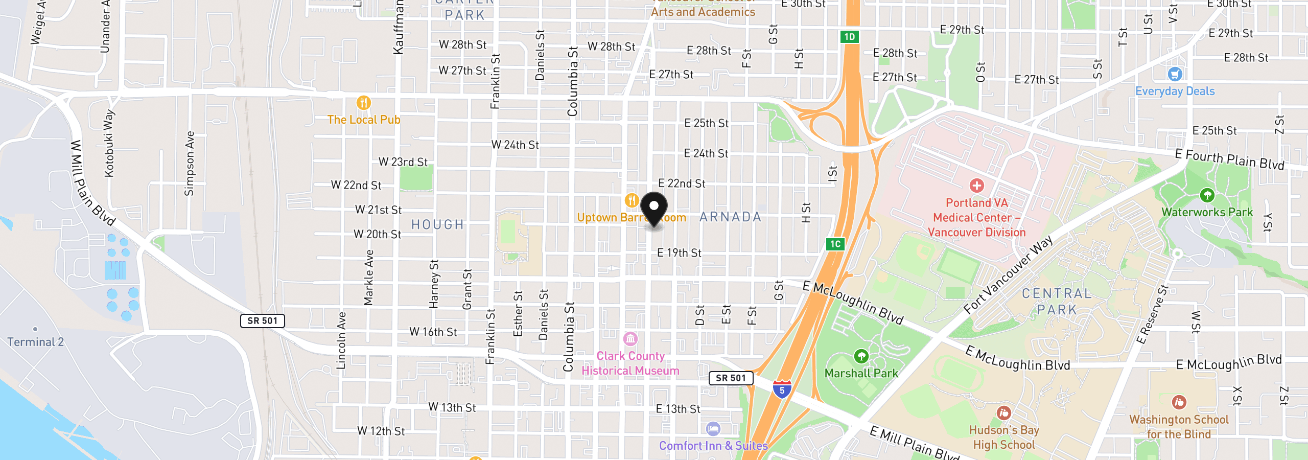 Map showing the location of 1911 Broadway St 1, Vancouver, Wa 98663