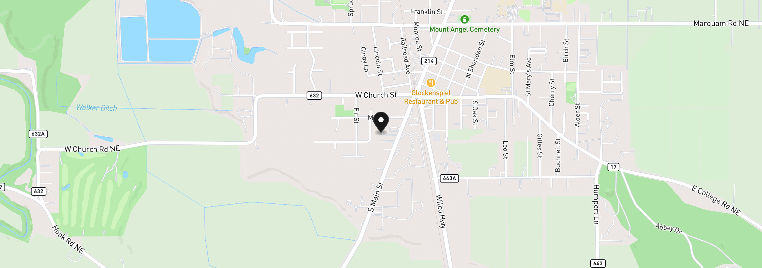 Map showing the location of 433 S Main St, Mt. Angel, OR 97362