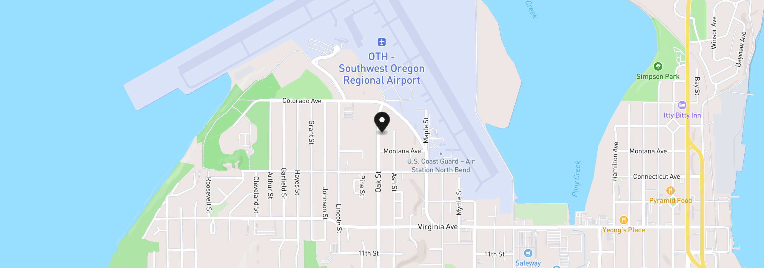 Map showing the location of 1617 Oak St, North Bend, OR 97459