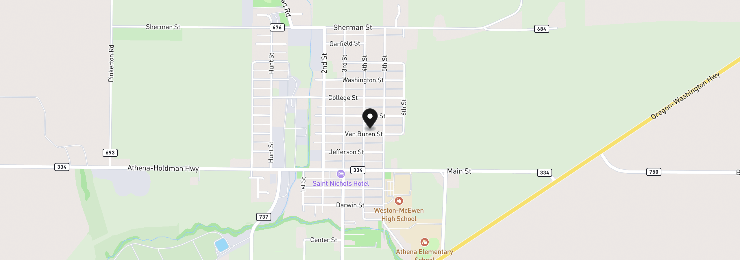 Map showing the location of 415 Van Buren St, Athena, OR 97813