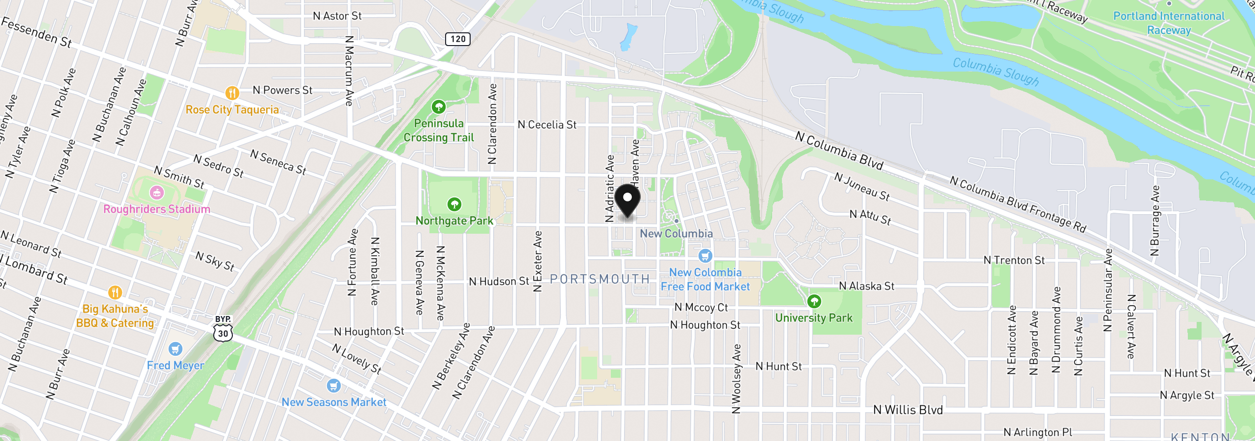 Map showing the location of 9307 N Haven Ave, Portland, OR 97203
