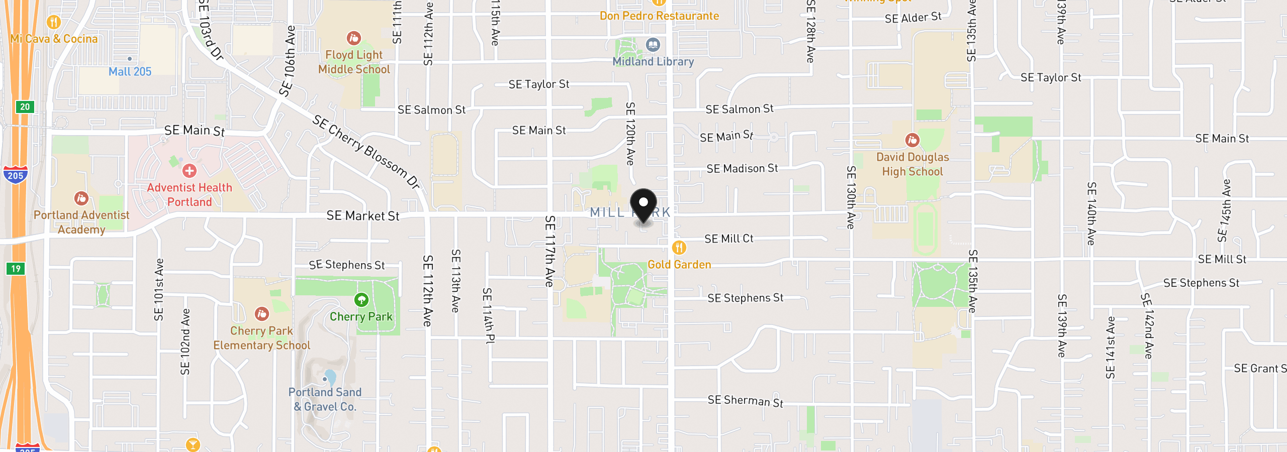 Map showing the location of 12110 SE Market St, Portland, OR 97216