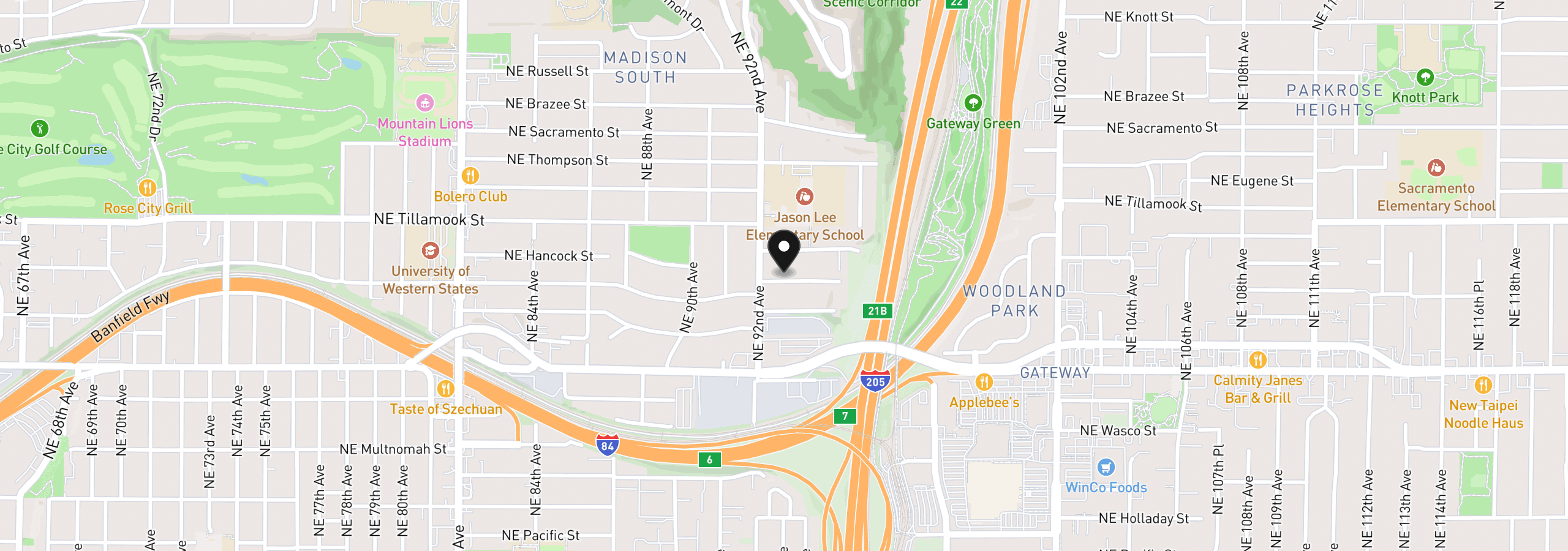 Map showing the location of 9241 NE Schuyler St, Portland, OR 97220