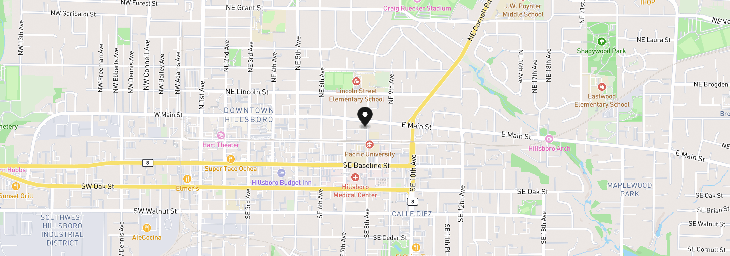 Map showing the location of 121 SE 8th Ave, Hillsboro, OR 97123