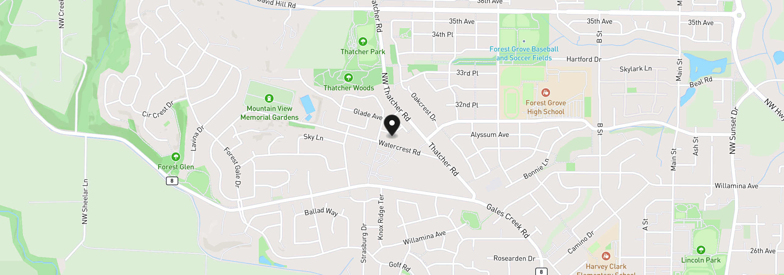 Map showing the location of 916 SE Rosebud Ct, Forest Grove, OR 97116