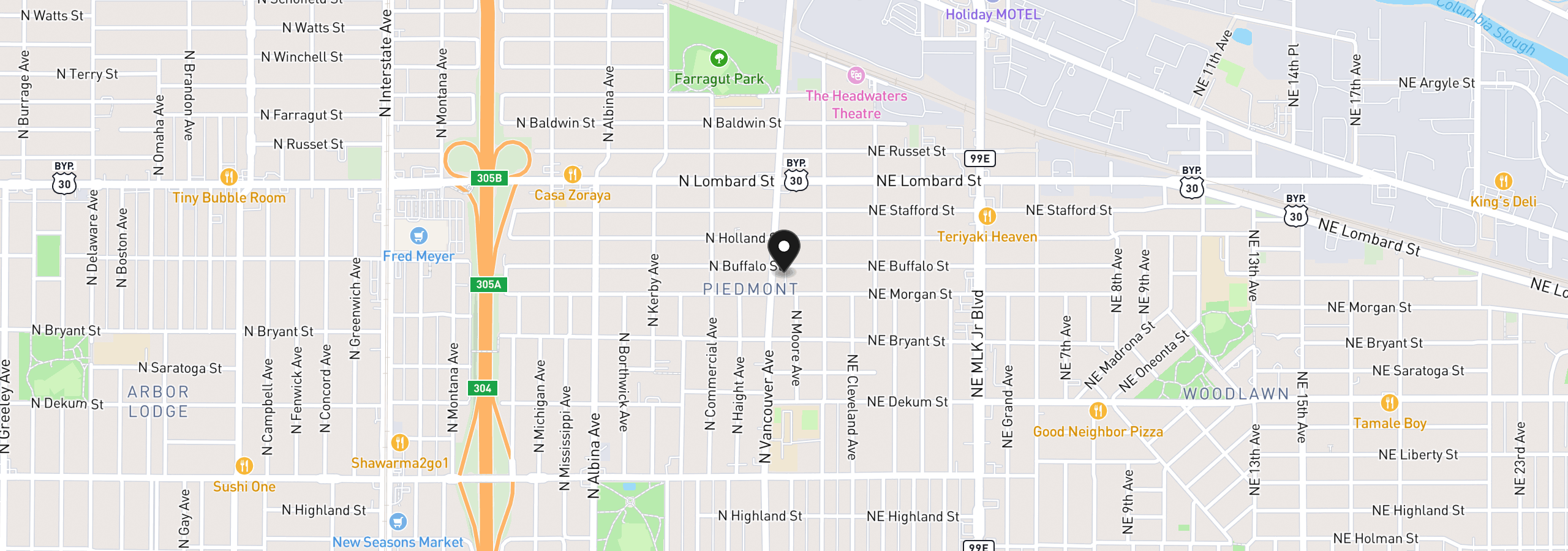 Map showing the location of 7168 N Vancouver Ave, Portland, OR 97217