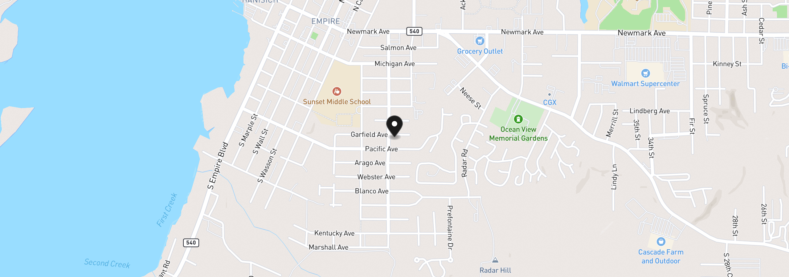 Map showing the location of 1025 Garfield Ave, Coos Bay, OR 97420