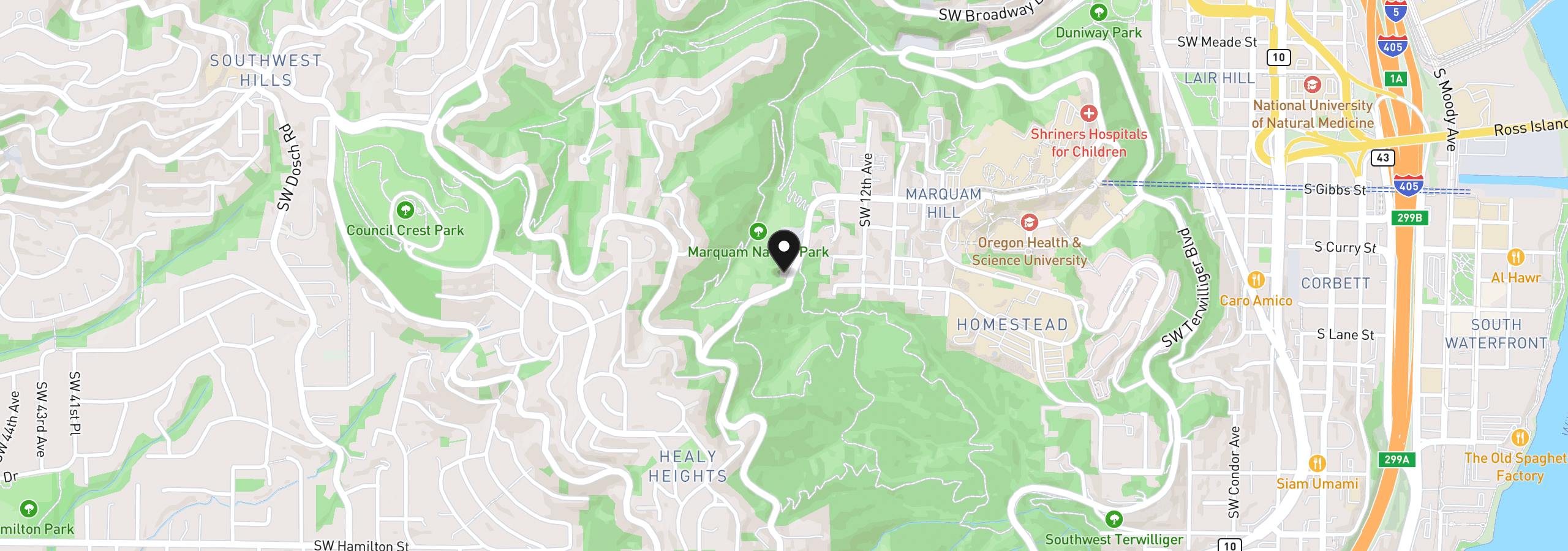 Map showing the location of 3535 SW Marquam Hill Rd, Portland, OR 97239