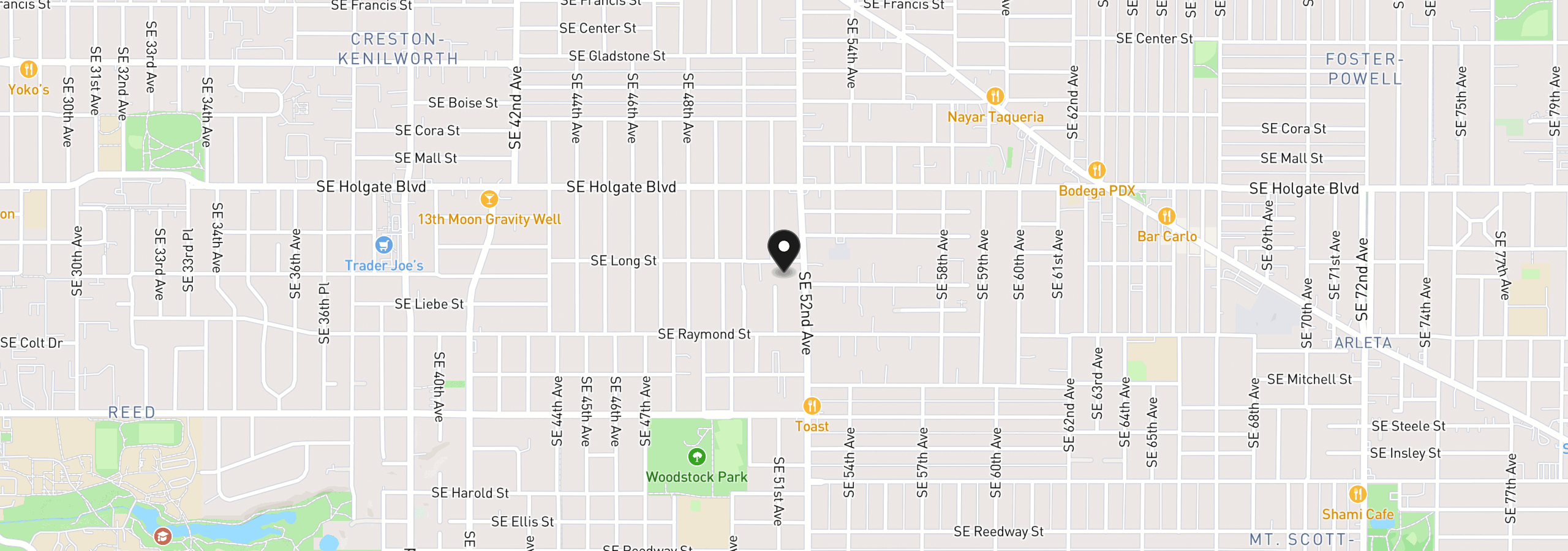 Map showing the location of 5104 SE Long St, Portland, OR 97206