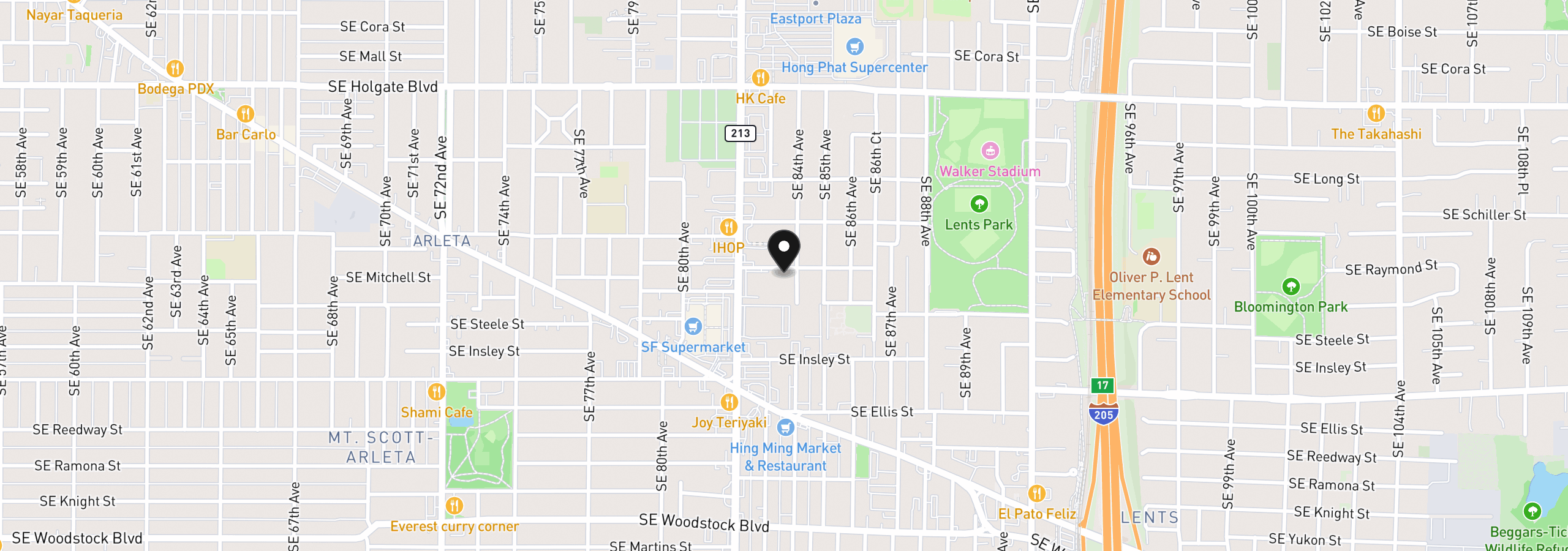 Map showing the location of 8316 SE Raymond Ct, Portland, OR 97266