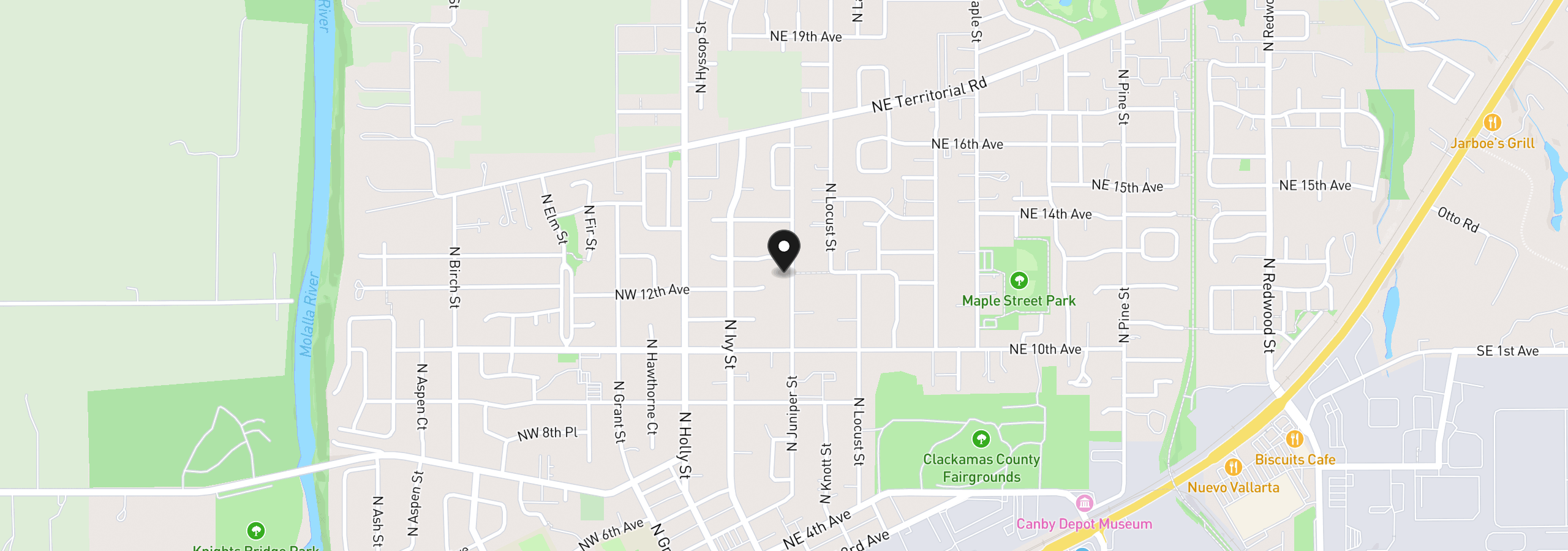 Map showing the location of 1193 N Juniper St, Canby, OR 97013